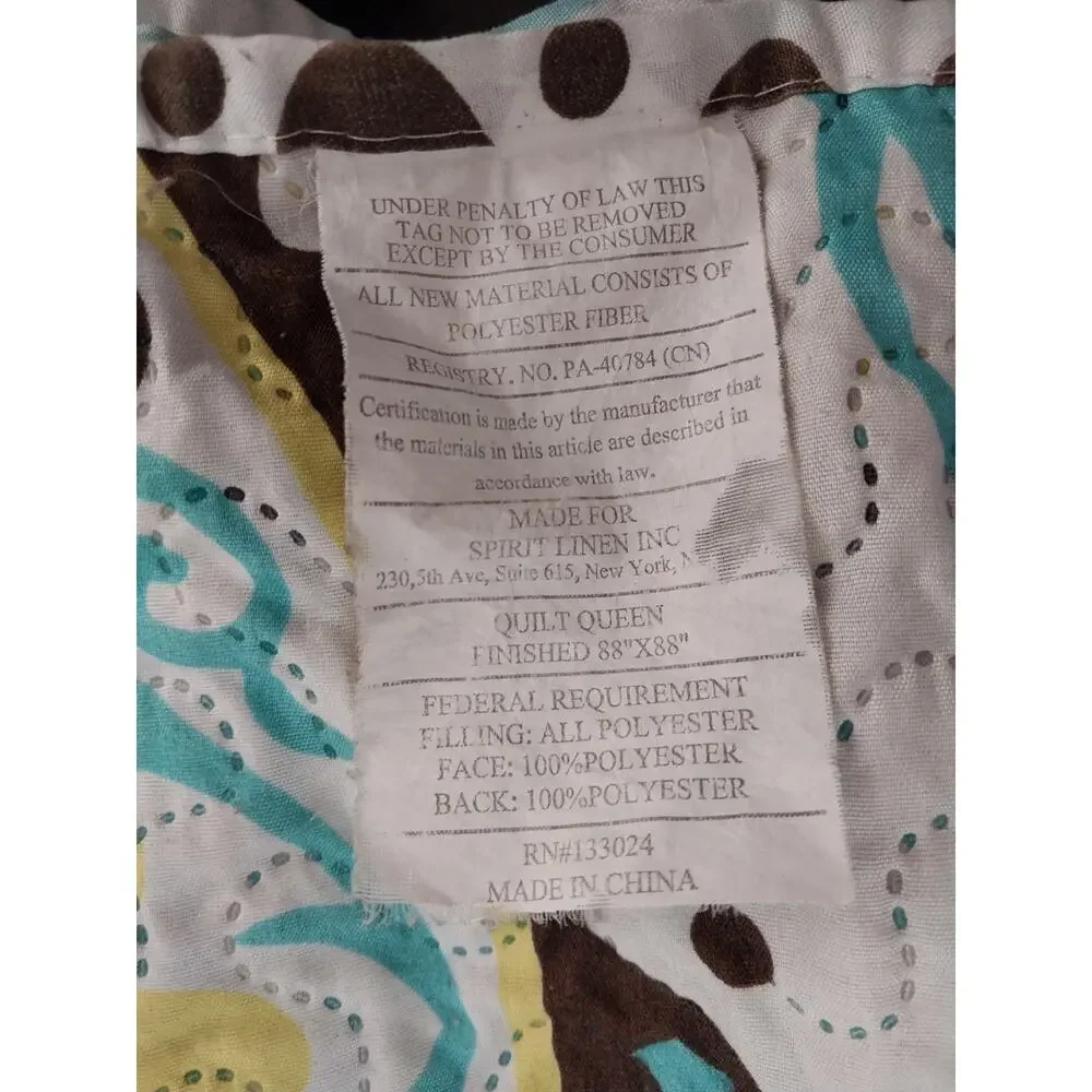 SPIRIT LINEN! WHITE W/YELLOW, AQUA & BROWN MANDALA QUILT & 2 SHAMS! SZ QN